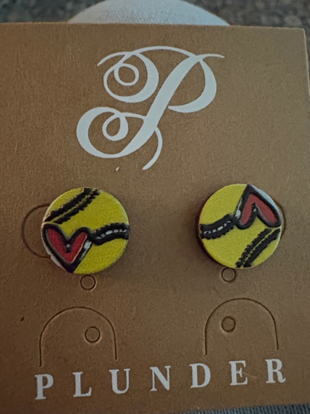 Plunder Yellow Softball Stud Earrings with Red Heart Detail